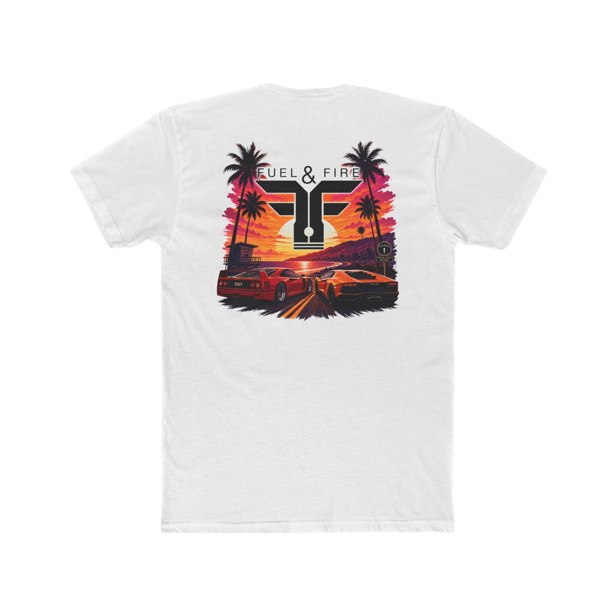 Fuel & Fire Sunset Racing T-Shirt — Retro Palm Beach Exotic Car Tee