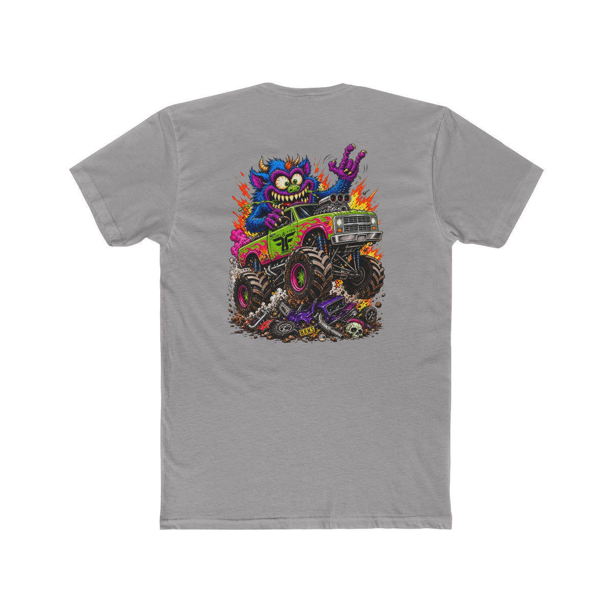 Monster Truck Mayhem T‑Shirt — Colorful Cartoon Creature Crushing Cars