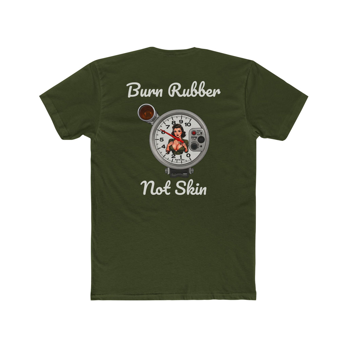 Burn Rubber Not Skin Graphic Tee — Pinup Tachometer Shirt