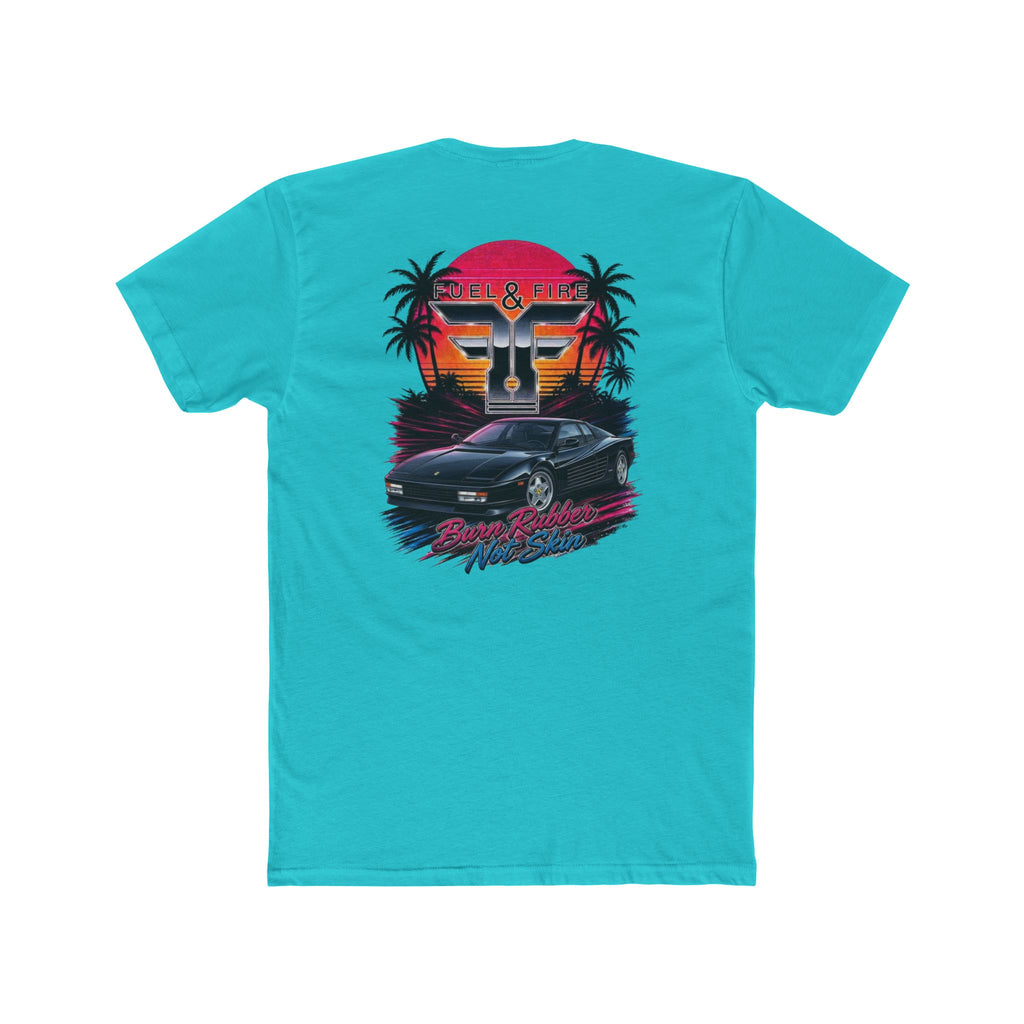 Retro Sunset Nero Rossa Car Tee — Palm Trees, Engine & "Burn Rubber Not Skin" Graphic