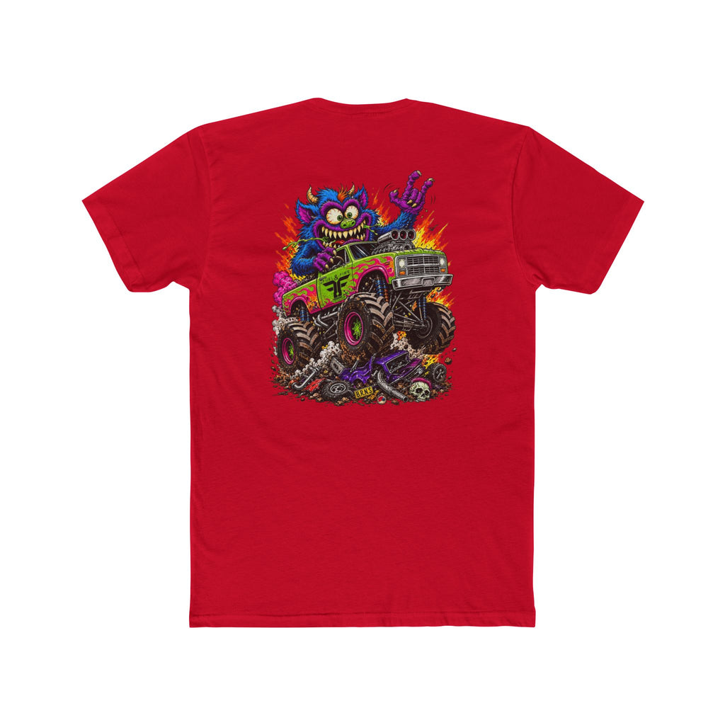 Monster Truck Mayhem T‑Shirt — Colorful Cartoon Creature Crushing Cars
