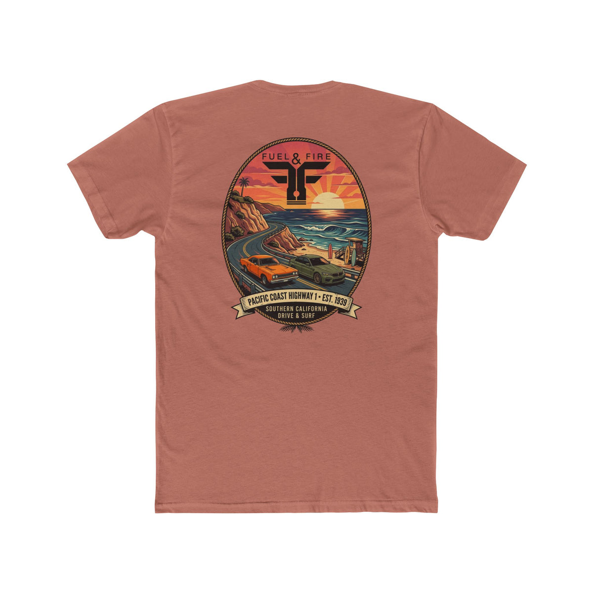 Fuel & Fire Pacific Coast Roadtrip T-Shirt — Road Runner vs M5 Sunset Beach Graphic Tee