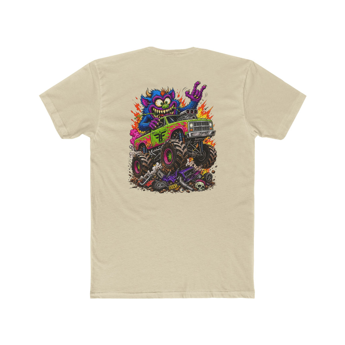 Monster Truck Mayhem T‑Shirt — Colorful Cartoon Creature Crushing Cars