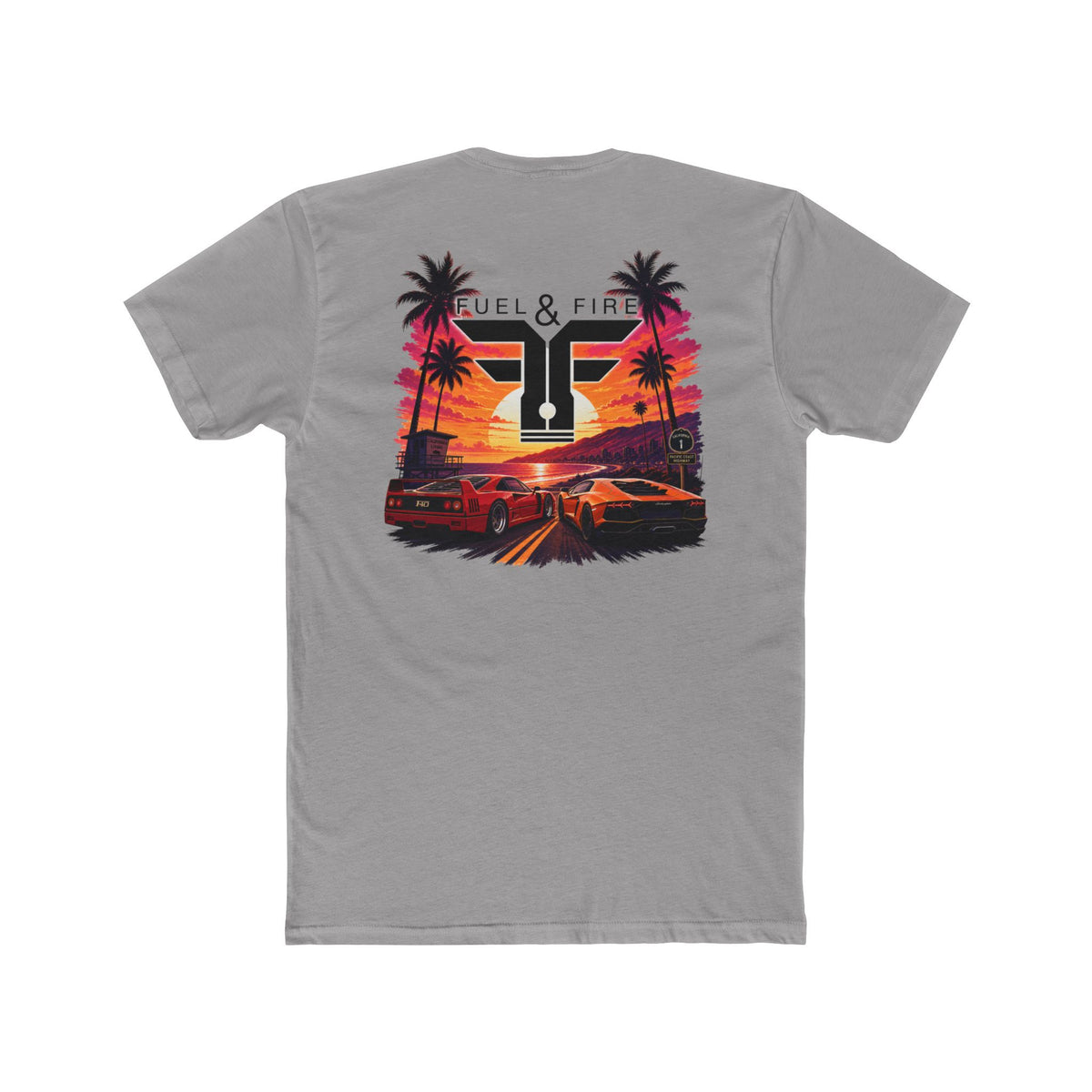 Fuel & Fire Sunset Racing T-Shirt — Retro Palm Beach Exotic Car Tee