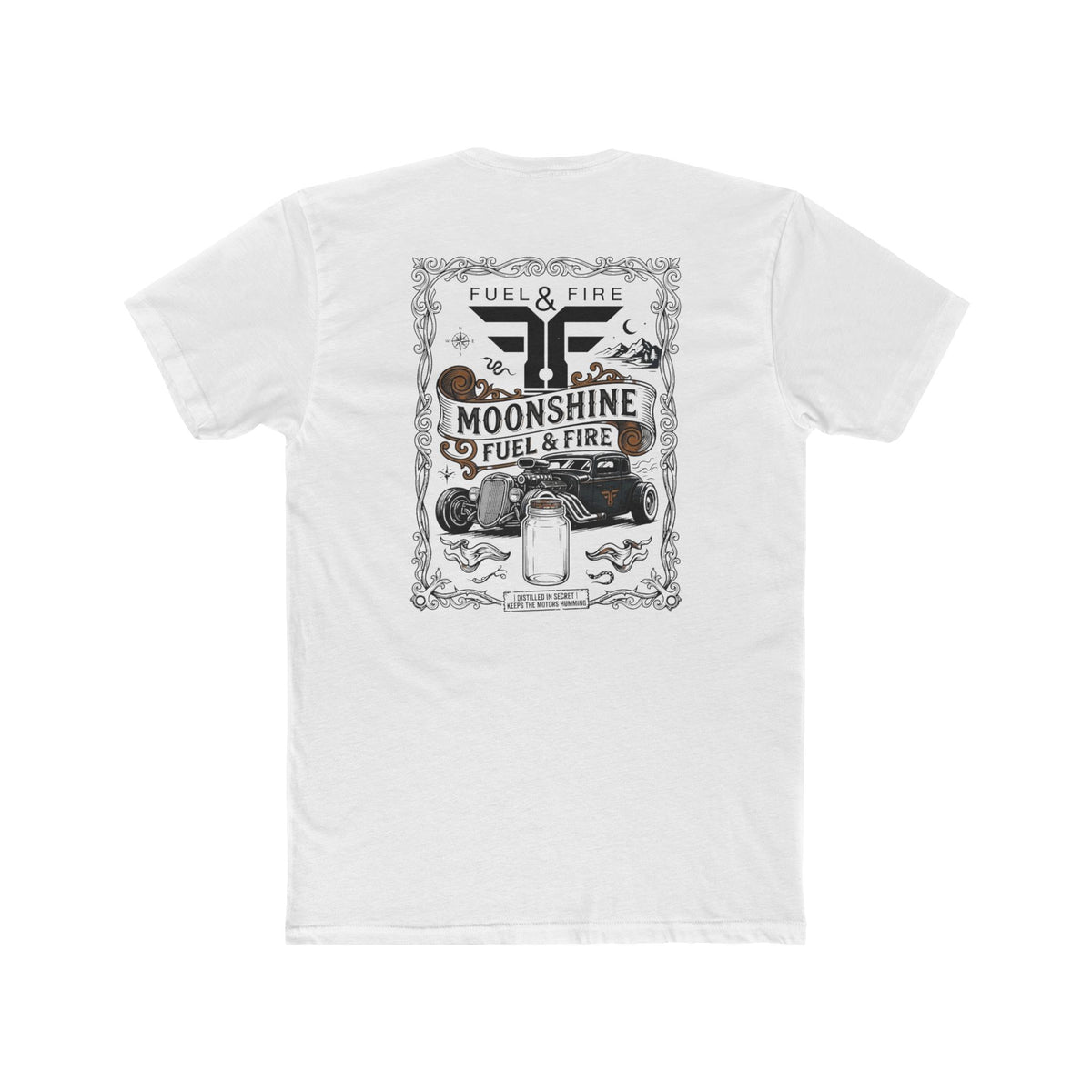 Moonshine Fuel & Fire Tee — Vintage Mason Jar Distillery Graphic T-Shirt