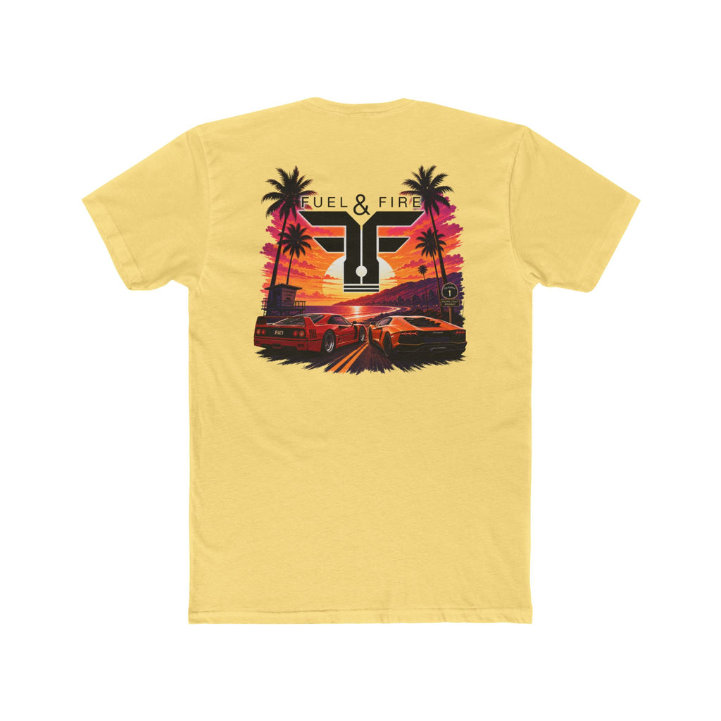 Fuel & Fire Sunset Racing T-Shirt — Retro Palm Beach Exotic Car Tee