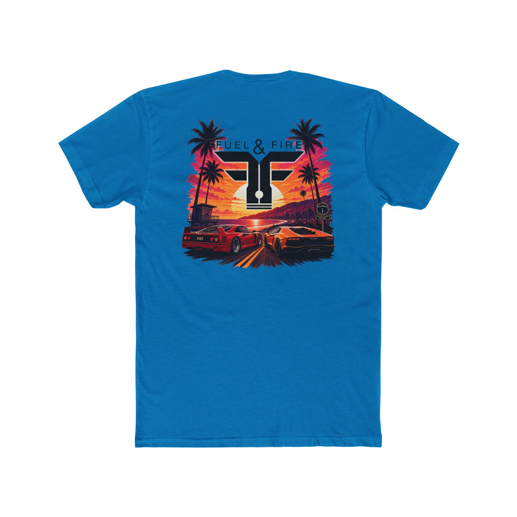 Fuel & Fire Sunset Racing T-Shirt — Retro Palm Beach Exotic Car Tee