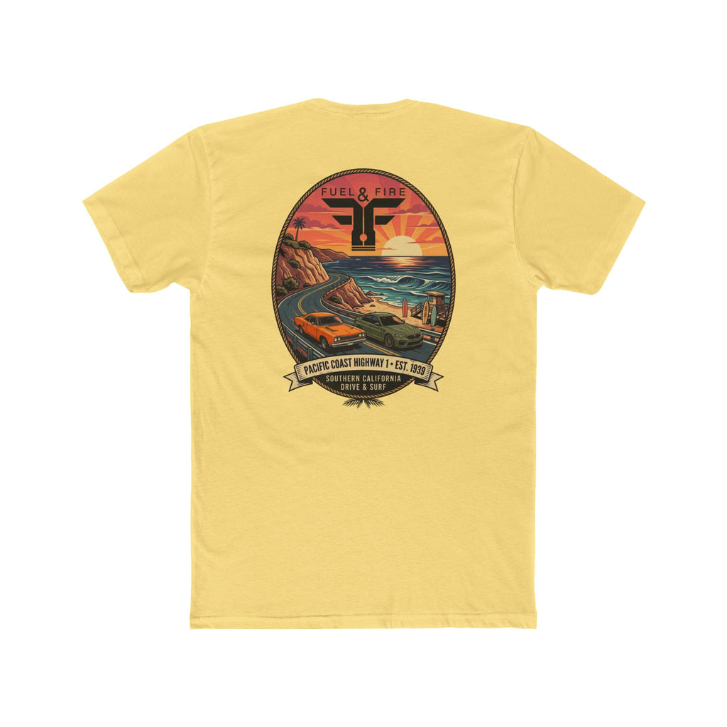 Fuel & Fire Pacific Coast Roadtrip T-Shirt — Road Runner vs M5 Sunset Beach Graphic Tee