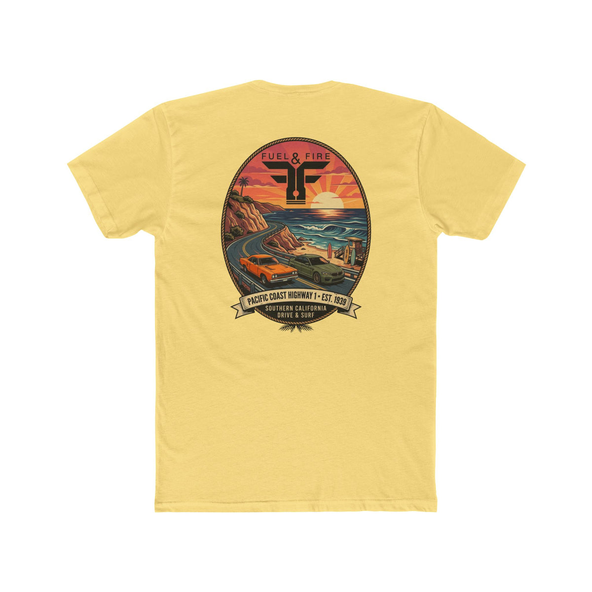 Fuel & Fire Pacific Coast Roadtrip T-Shirt — Road Runner vs M5 Sunset Beach Graphic Tee