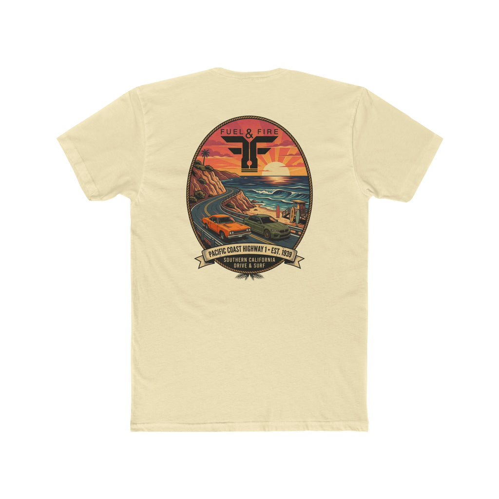 Fuel & Fire Pacific Coast Roadtrip T-Shirt — Road Runner vs M5 Sunset Beach Graphic Tee