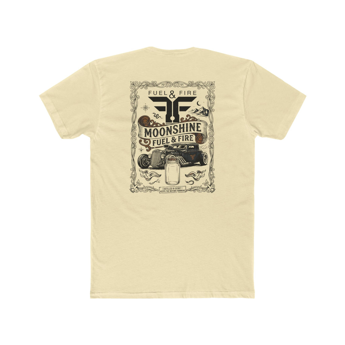 Moonshine Fuel & Fire Tee — Vintage Mason Jar Distillery Graphic T-Shirt