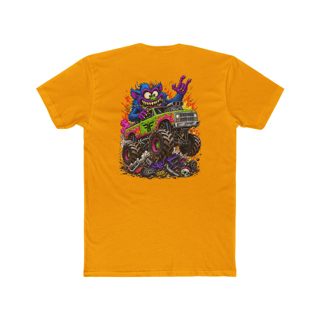 Monster Truck Mayhem T‑Shirt — Colorful Cartoon Creature Crushing Cars