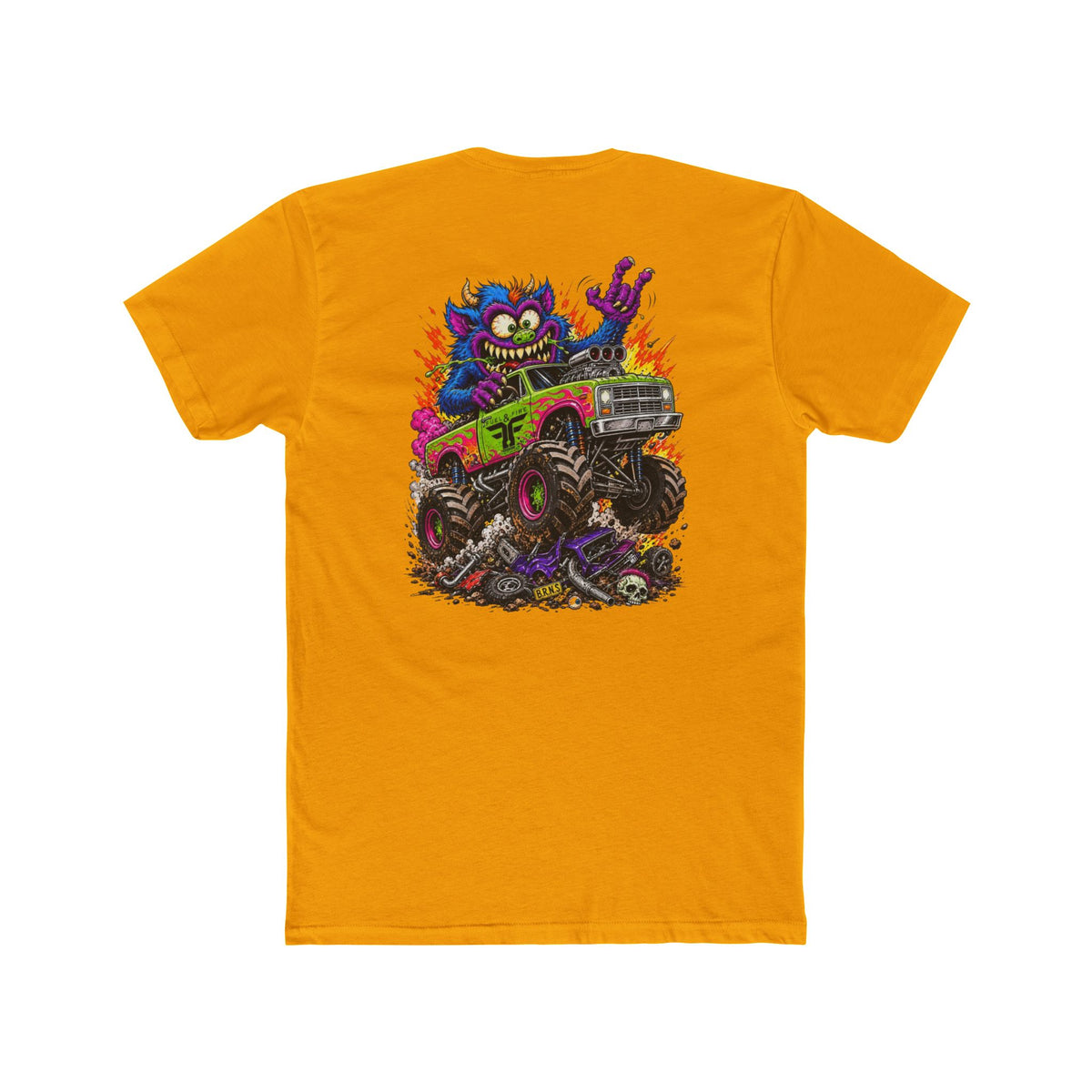 Monster Truck Mayhem T‑Shirt — Colorful Cartoon Creature Crushing Cars