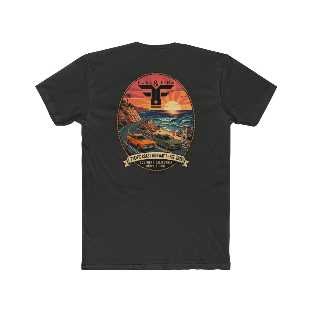Fuel & Fire Pacific Coast Roadtrip T-Shirt — Road Runner vs M5 Sunset Beach Graphic Tee