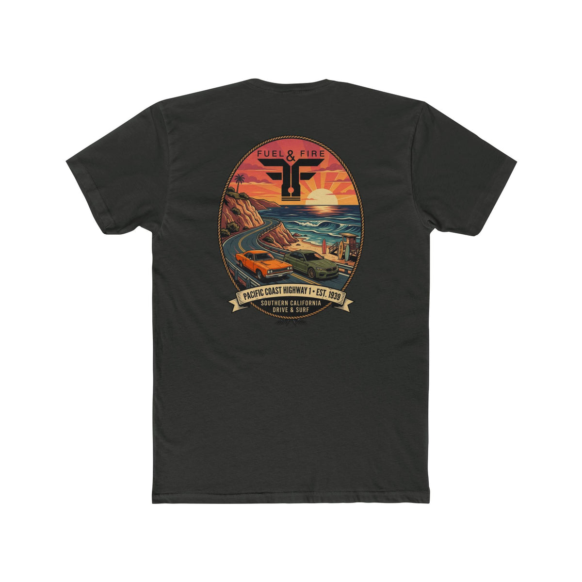Fuel & Fire Pacific Coast Roadtrip T-Shirt — Road Runner vs M5 Sunset Beach Graphic Tee