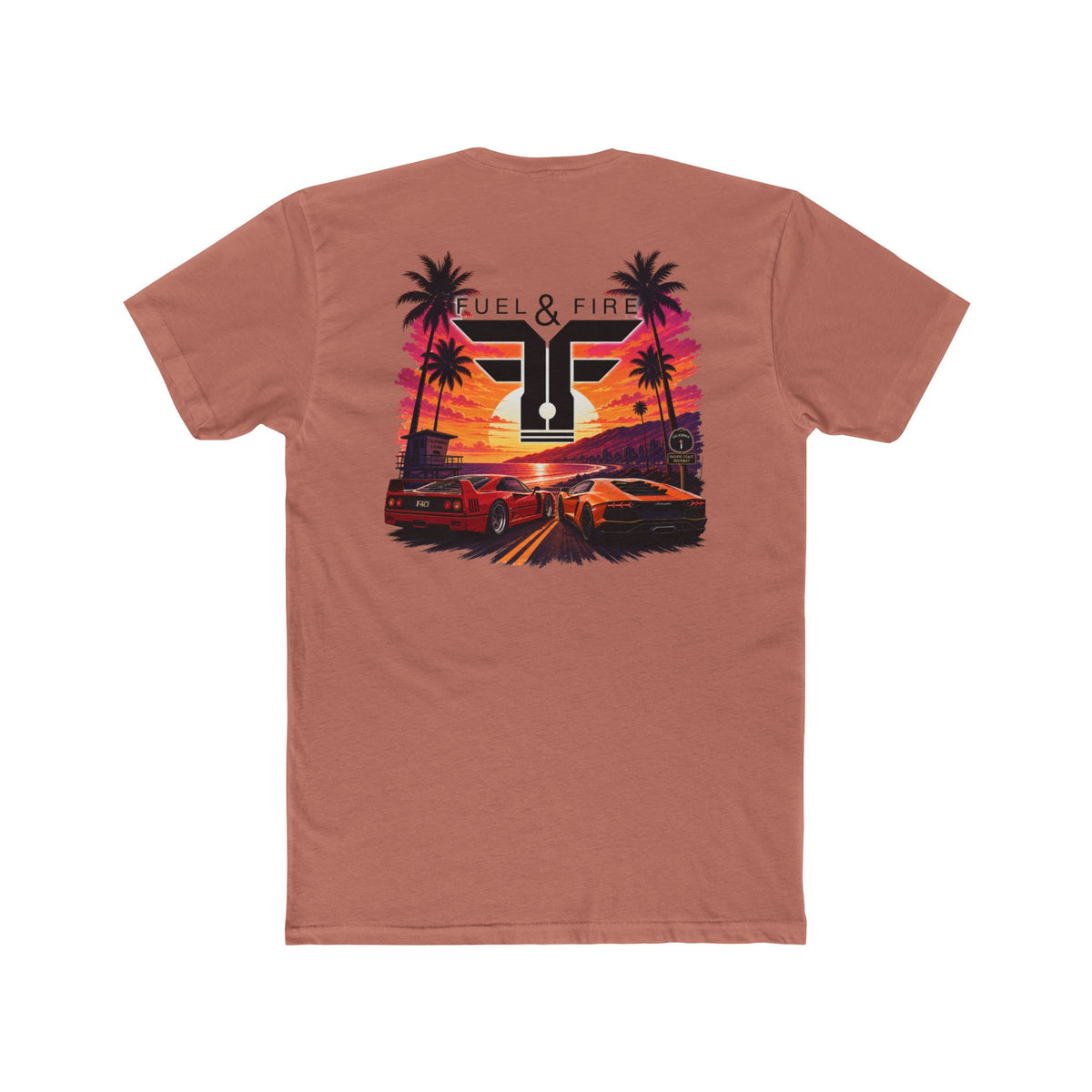 Fuel & Fire Sunset Racing T-Shirt — Retro Palm Beach Exotic Car Tee