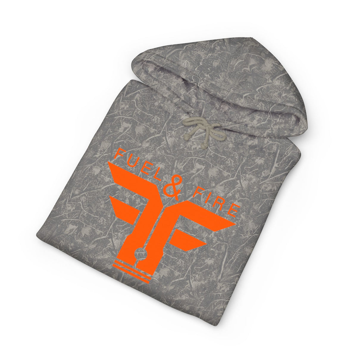 Fuel & Fire Hoodie — Camo Grey Orange Shield Logo Pullover
