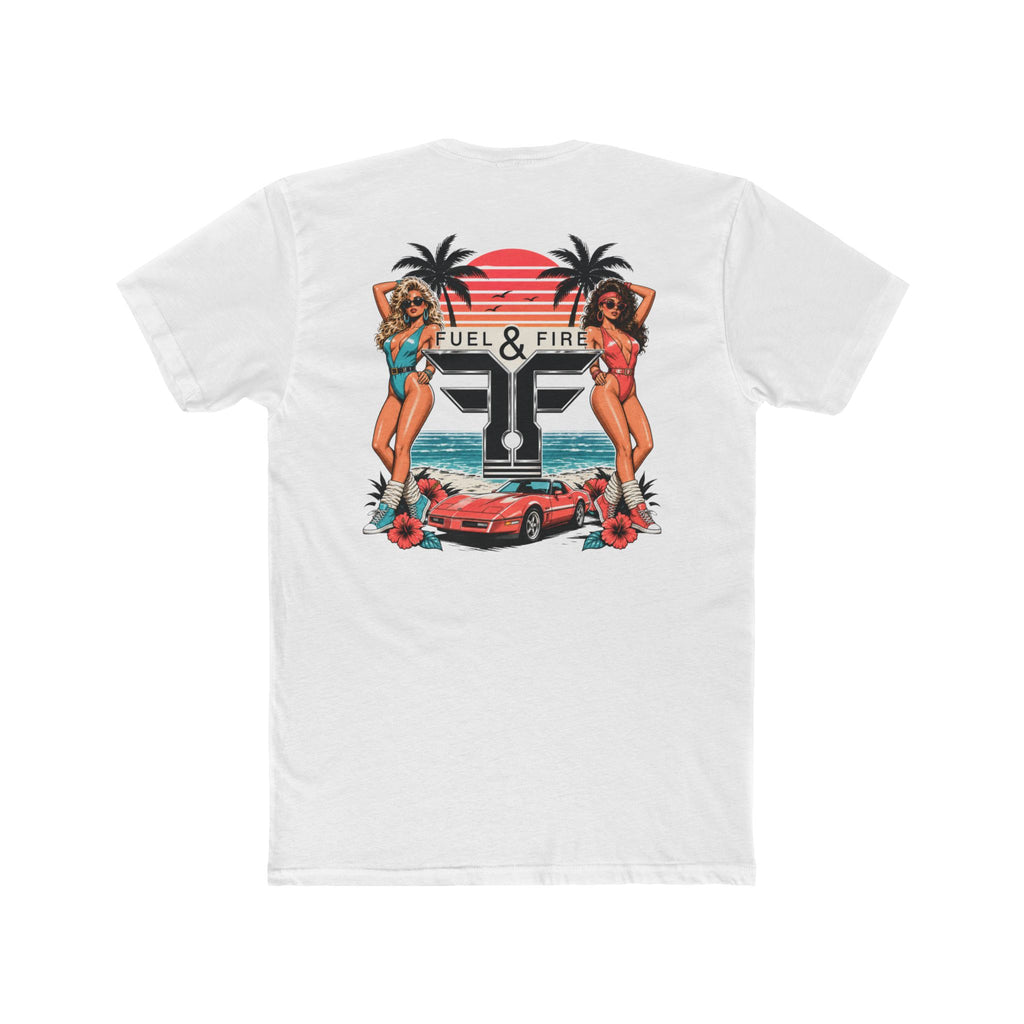 Fuel & Fire Retro Beach Tee — Vintage Car, Palm Trees & Pin-Up Graphic