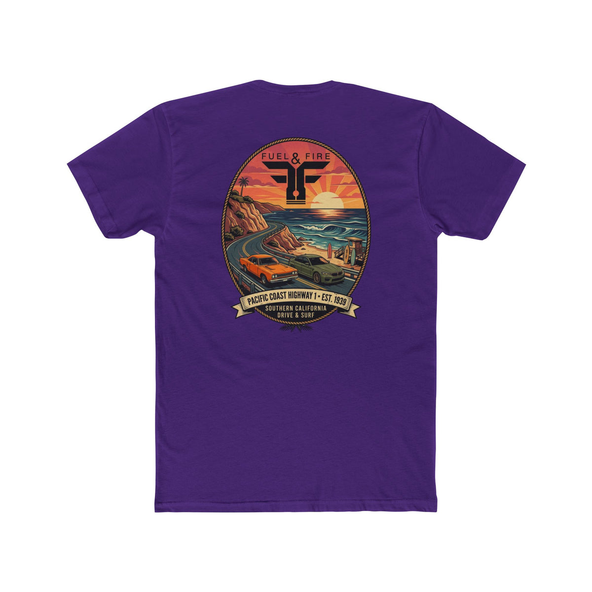 Fuel & Fire Pacific Coast Roadtrip T-Shirt — Road Runner vs M5 Sunset Beach Graphic Tee