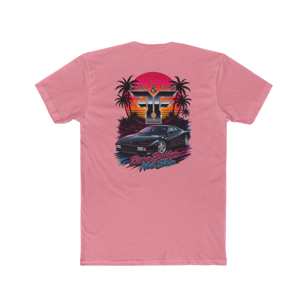 Retro Sunset Nero Rossa Car Tee — Palm Trees, Engine & "Burn Rubber Not Skin" Graphic