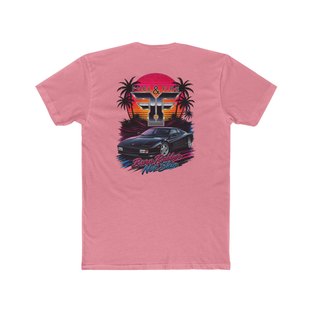 Retro Sunset Nero Rossa Car Tee — Palm Trees, Engine & "Burn Rubber Not Skin" Graphic