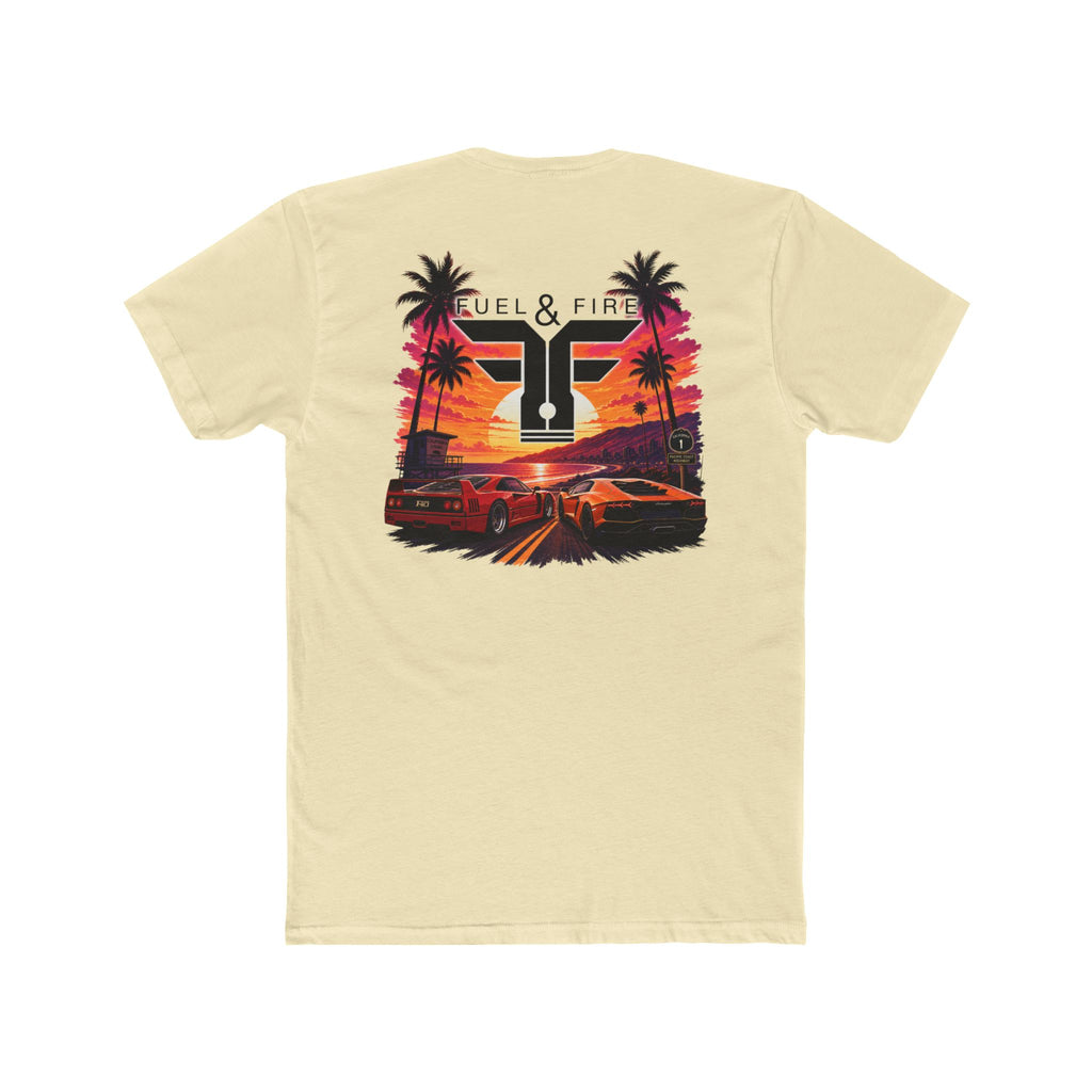 Fuel & Fire Sunset Racing T-Shirt — Retro Palm Beach Exotic Car Tee