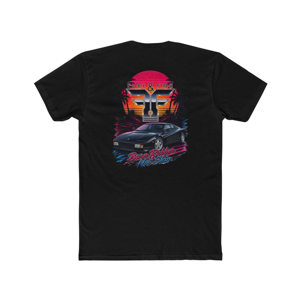 Retro Sunset Nero Rossa Car Tee — Palm Trees, Engine & "Burn Rubber Not Skin" Graphic