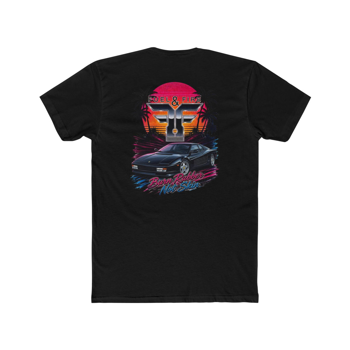 Retro Sunset Nero Rossa Car Tee — Palm Trees, Engine & "Burn Rubber Not Skin" Graphic
