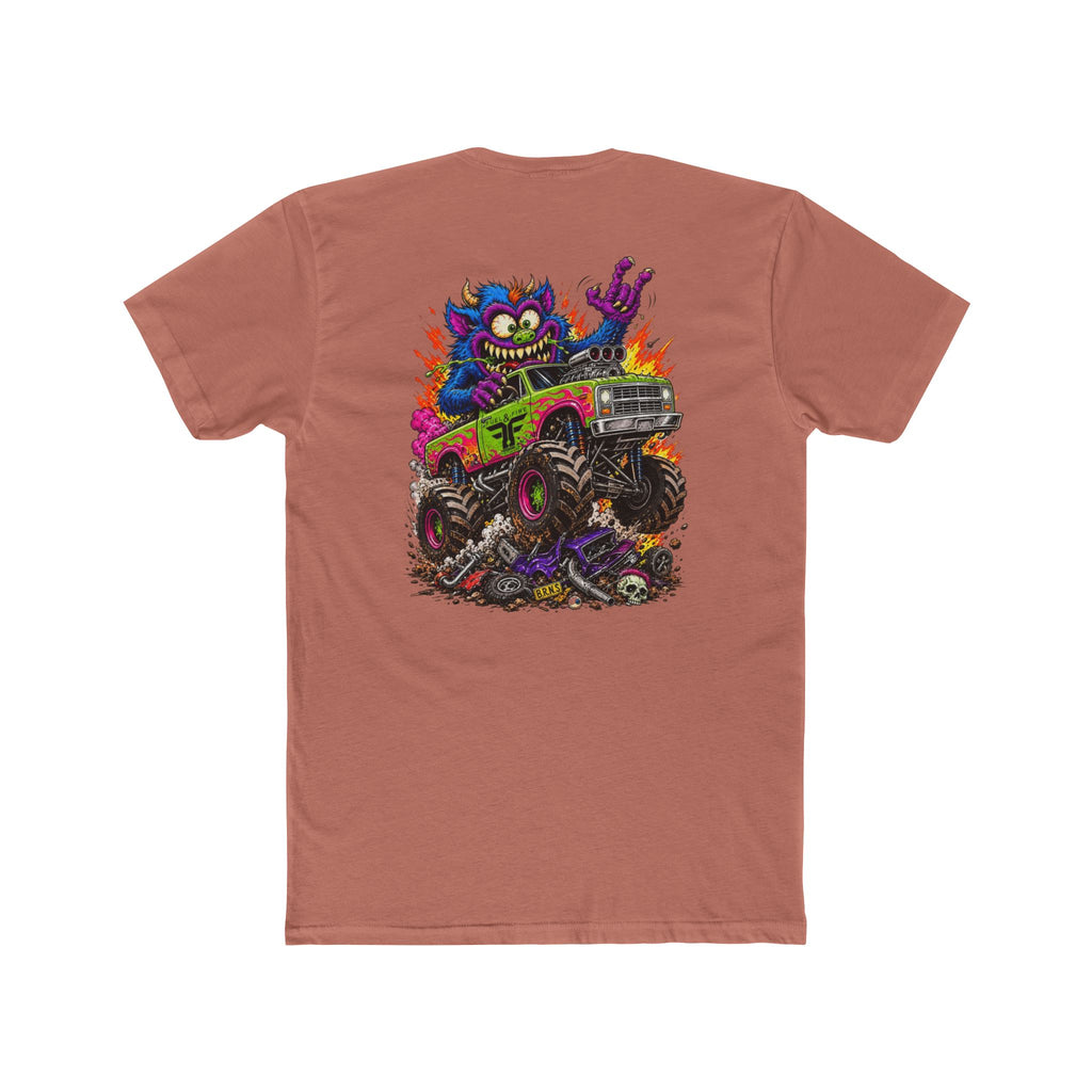 Monster Truck Mayhem T‑Shirt — Colorful Cartoon Creature Crushing Cars