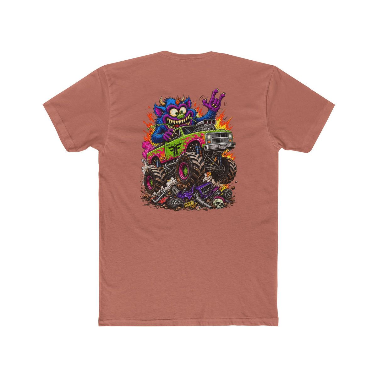 Monster Truck Mayhem T‑Shirt — Colorful Cartoon Creature Crushing Cars