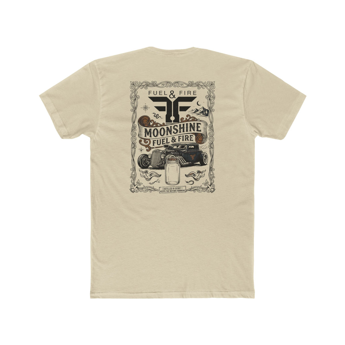 Moonshine Fuel & Fire Tee — Vintage Mason Jar Distillery Graphic T-Shirt