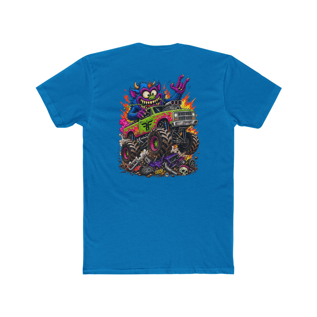 Monster Truck Mayhem T‑Shirt — Colorful Cartoon Creature Crushing Cars