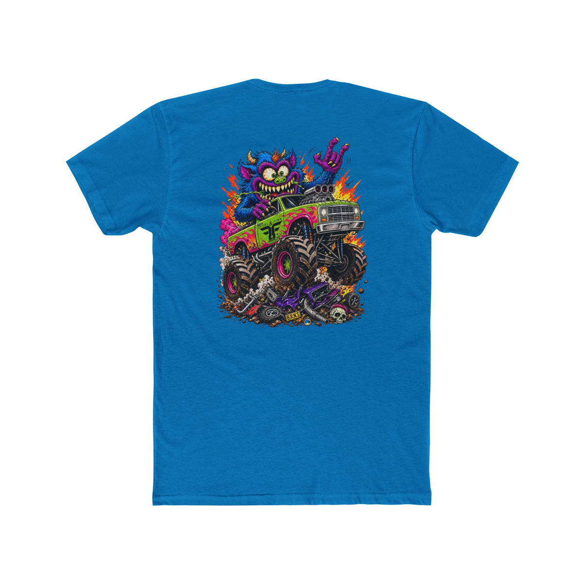 Monster Truck Mayhem T‑Shirt — Colorful Cartoon Creature Crushing Cars