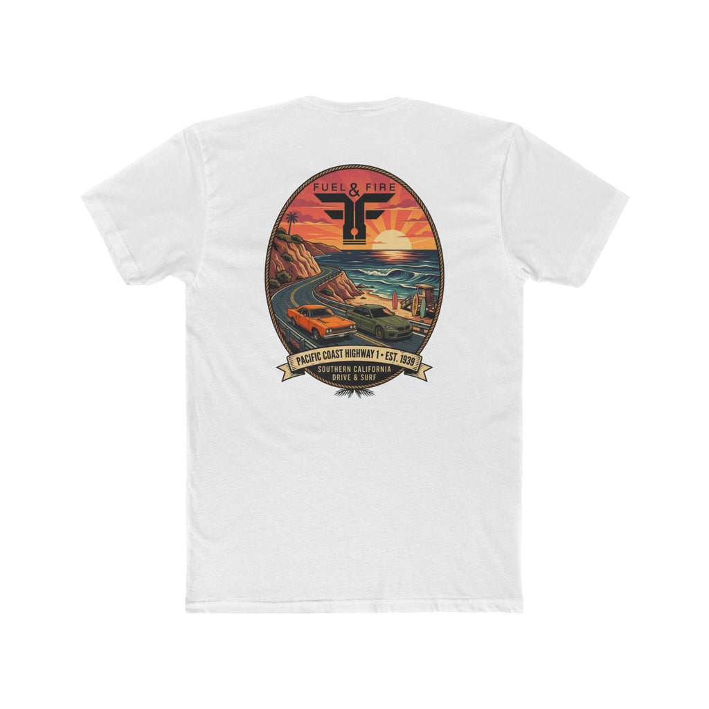 Fuel & Fire Pacific Coast Roadtrip T-Shirt — Road Runner vs M5 Sunset Beach Graphic Tee