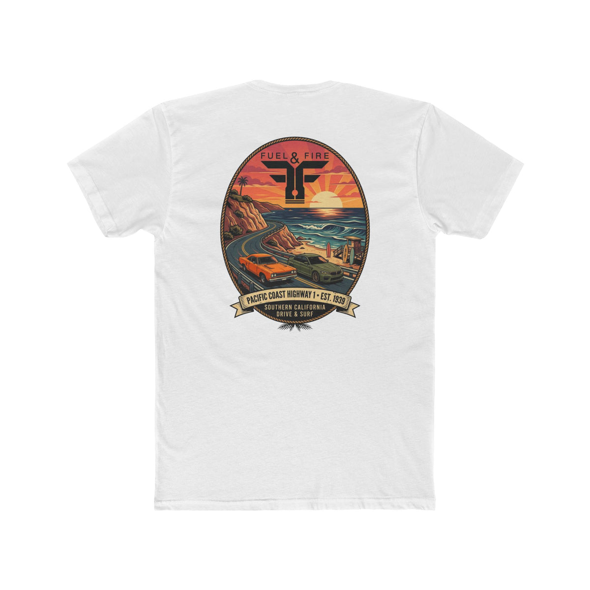Fuel & Fire Pacific Coast Roadtrip T-Shirt — Road Runner vs M5 Sunset Beach Graphic Tee
