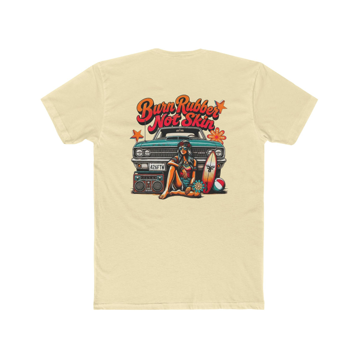 Retro Surf  Hemi Dart Tee — "Burn Rubber Not Skin" Classic Beach Graphic Shirt