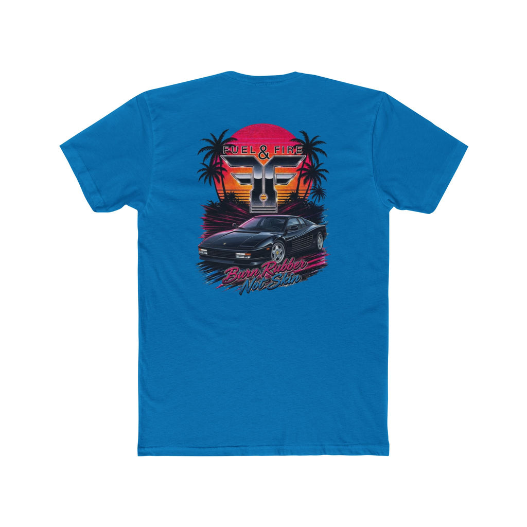 Retro Sunset Nero Rossa Car Tee — Palm Trees, Engine & "Burn Rubber Not Skin" Graphic