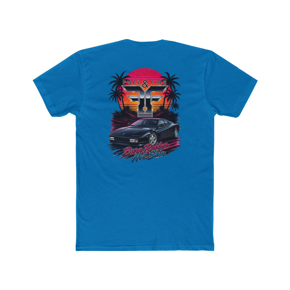 Retro Sunset Nero Rossa Car Tee — Palm Trees, Engine & "Burn Rubber Not Skin" Graphic