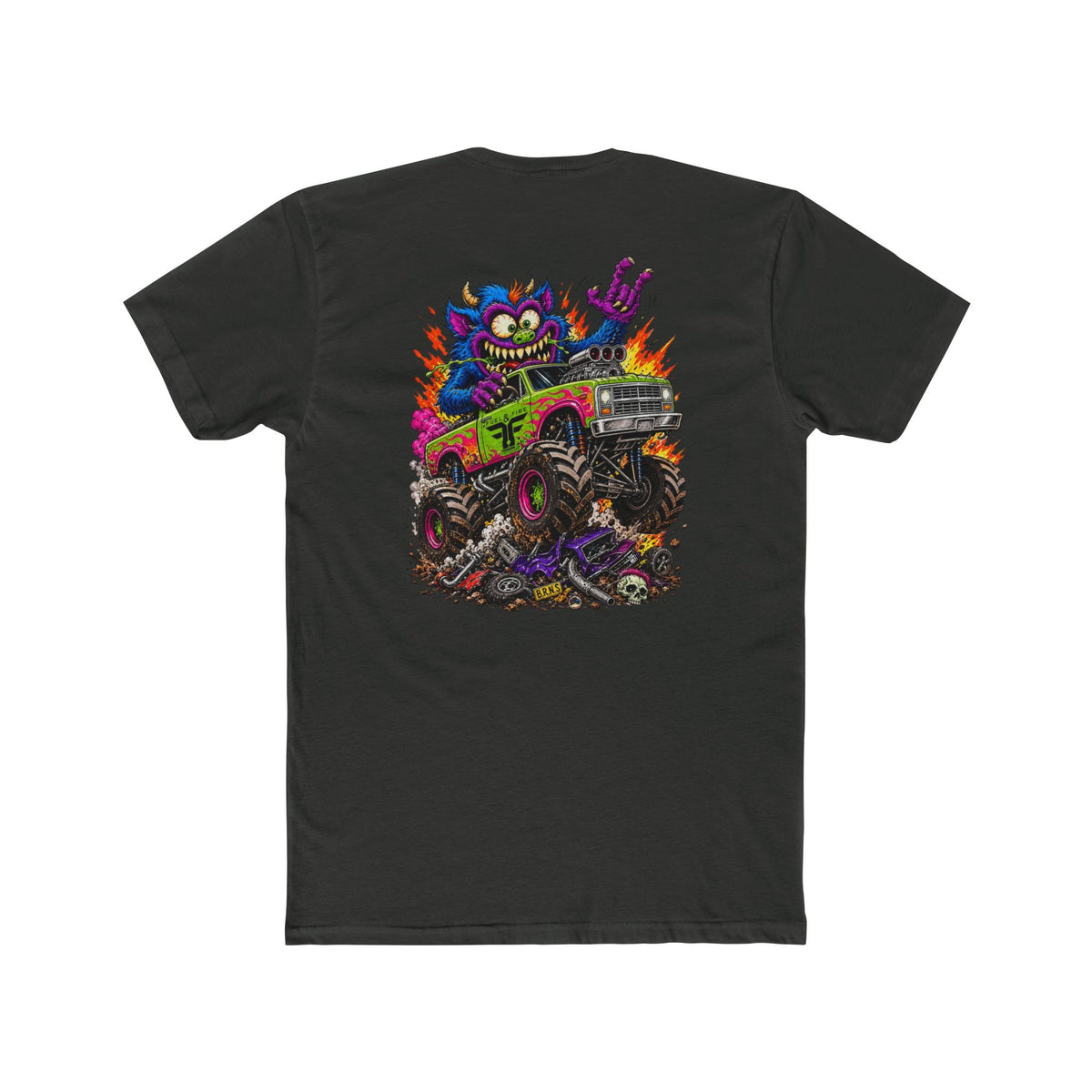 Monster Truck Mayhem T‑Shirt — Colorful Cartoon Creature Crushing Cars