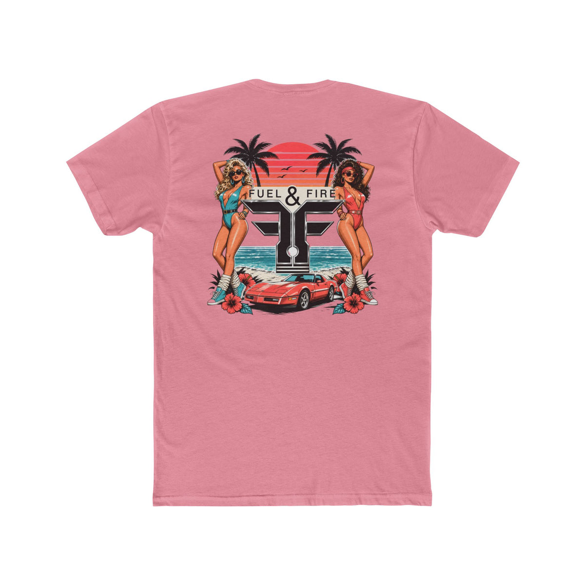 Fuel & Fire Retro Beach Tee — Vintage Car, Palm Trees & Pin-Up Graphic
