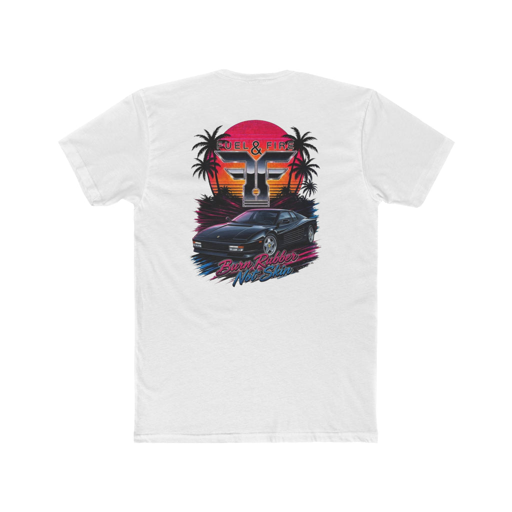Retro Sunset Nero Rossa Car Tee — Palm Trees, Engine & "Burn Rubber Not Skin" Graphic