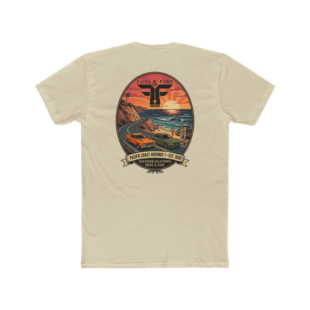 Fuel & Fire Pacific Coast Roadtrip T-Shirt — Road Runner vs M5 Sunset Beach Graphic Tee