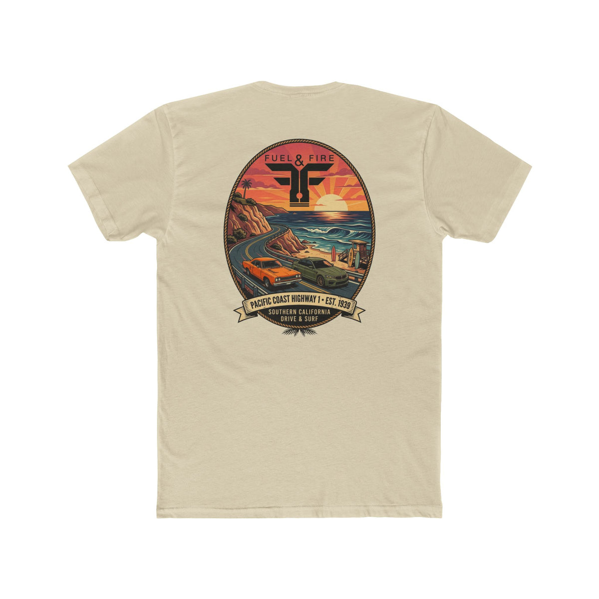 Fuel & Fire Pacific Coast Roadtrip T-Shirt — Road Runner vs M5 Sunset Beach Graphic Tee