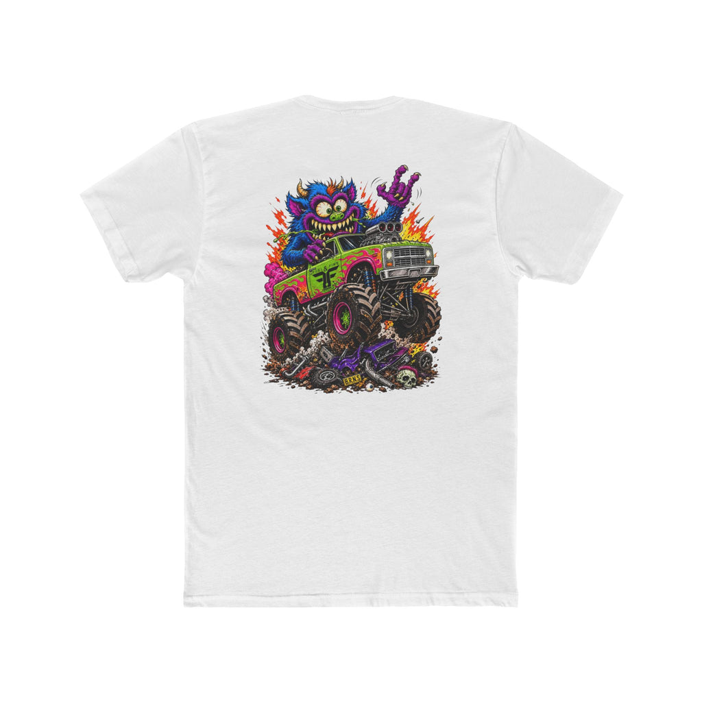 Monster Truck Mayhem T‑Shirt — Colorful Cartoon Creature Crushing Cars