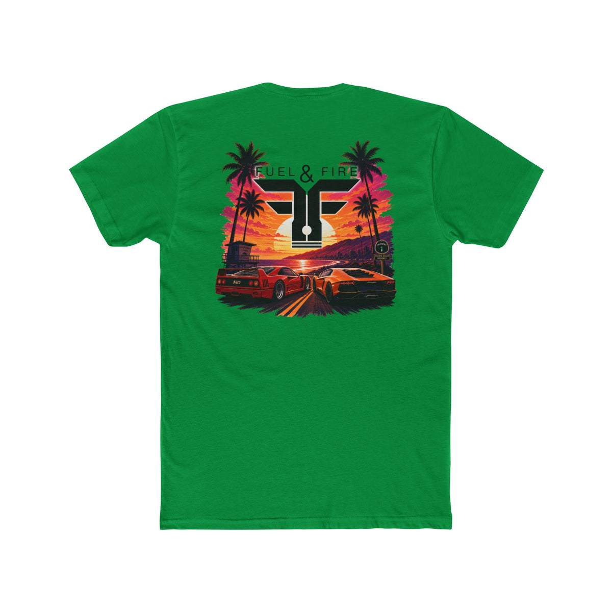 Fuel & Fire Sunset Racing T-Shirt — Retro Palm Beach Exotic Car Tee