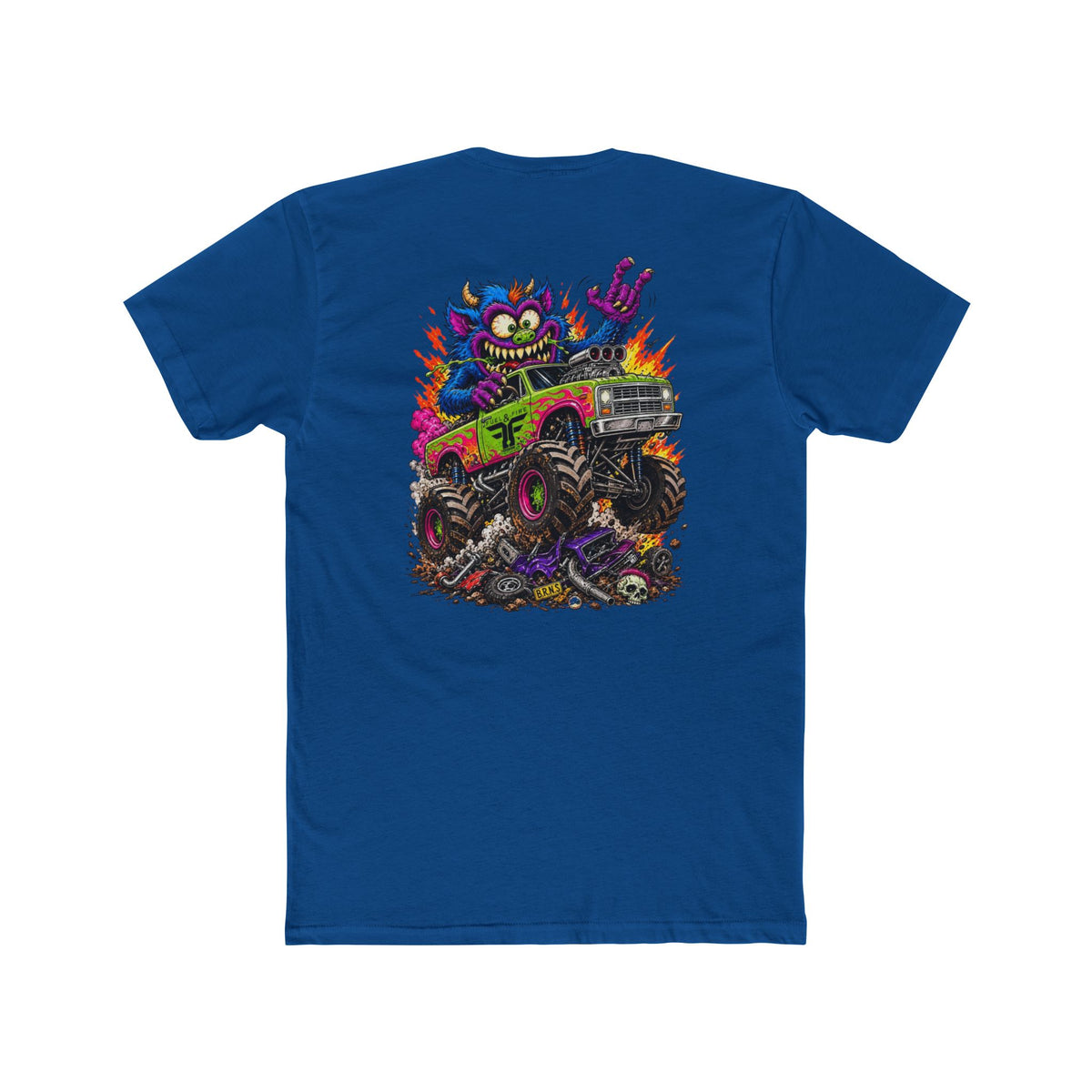 Monster Truck Mayhem T‑Shirt — Colorful Cartoon Creature Crushing Cars