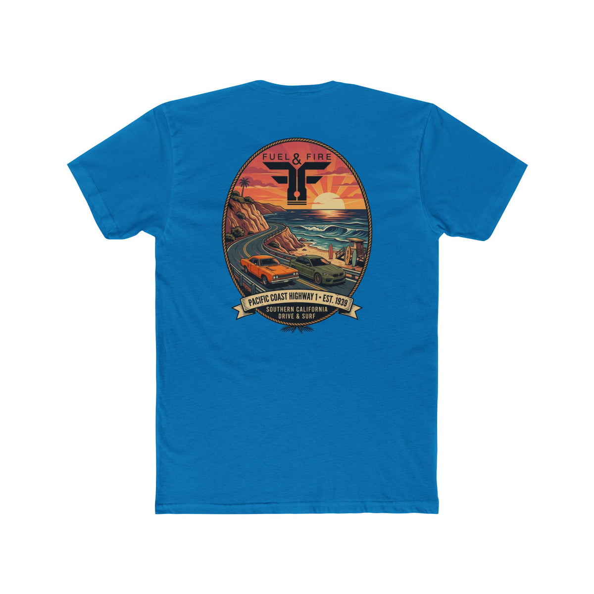 Fuel & Fire Pacific Coast Roadtrip T-Shirt — Road Runner vs M5 Sunset Beach Graphic Tee