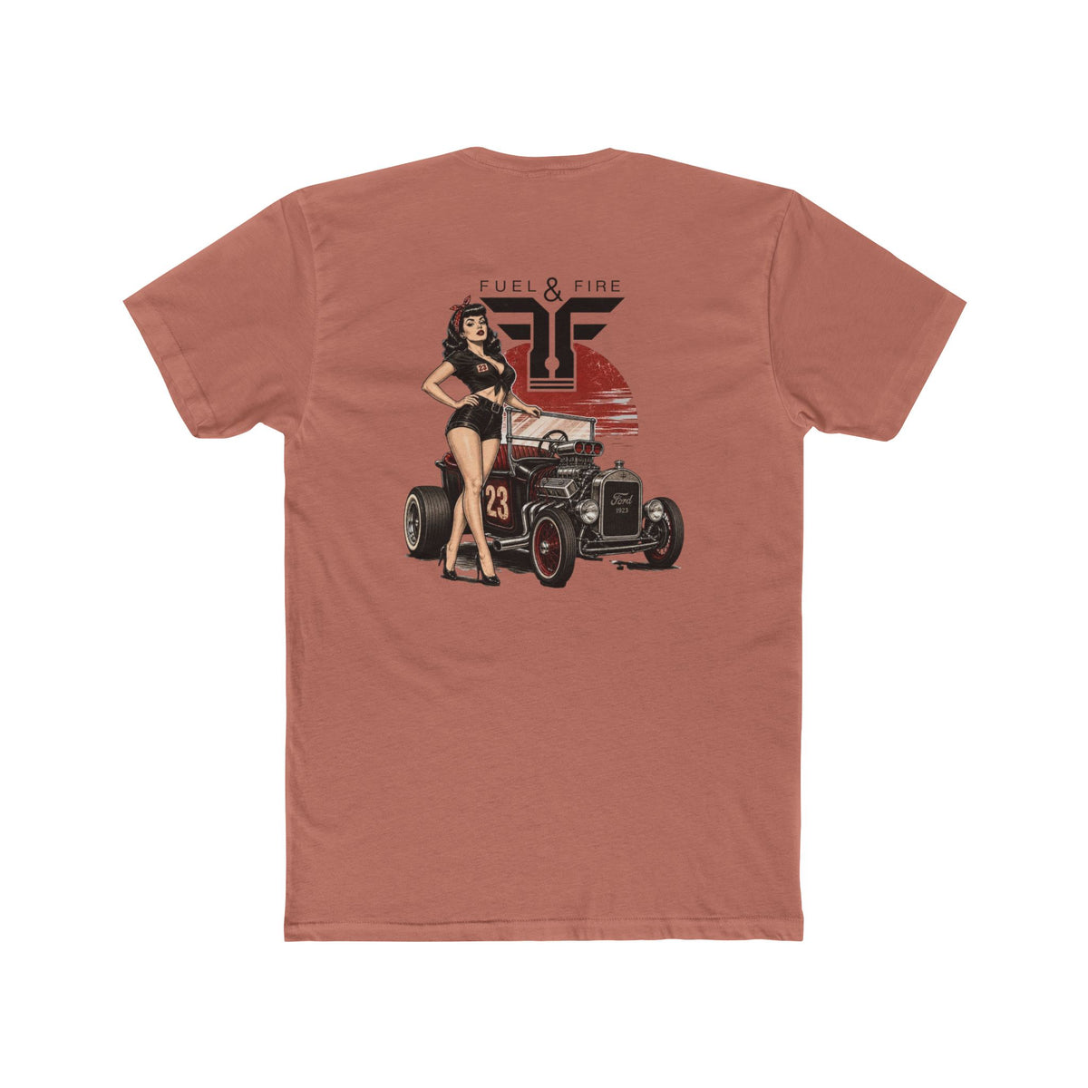 Fuel & Fire Pinup Hot Rod Tee — Retro Pin-up Car Graphic T-Shirt