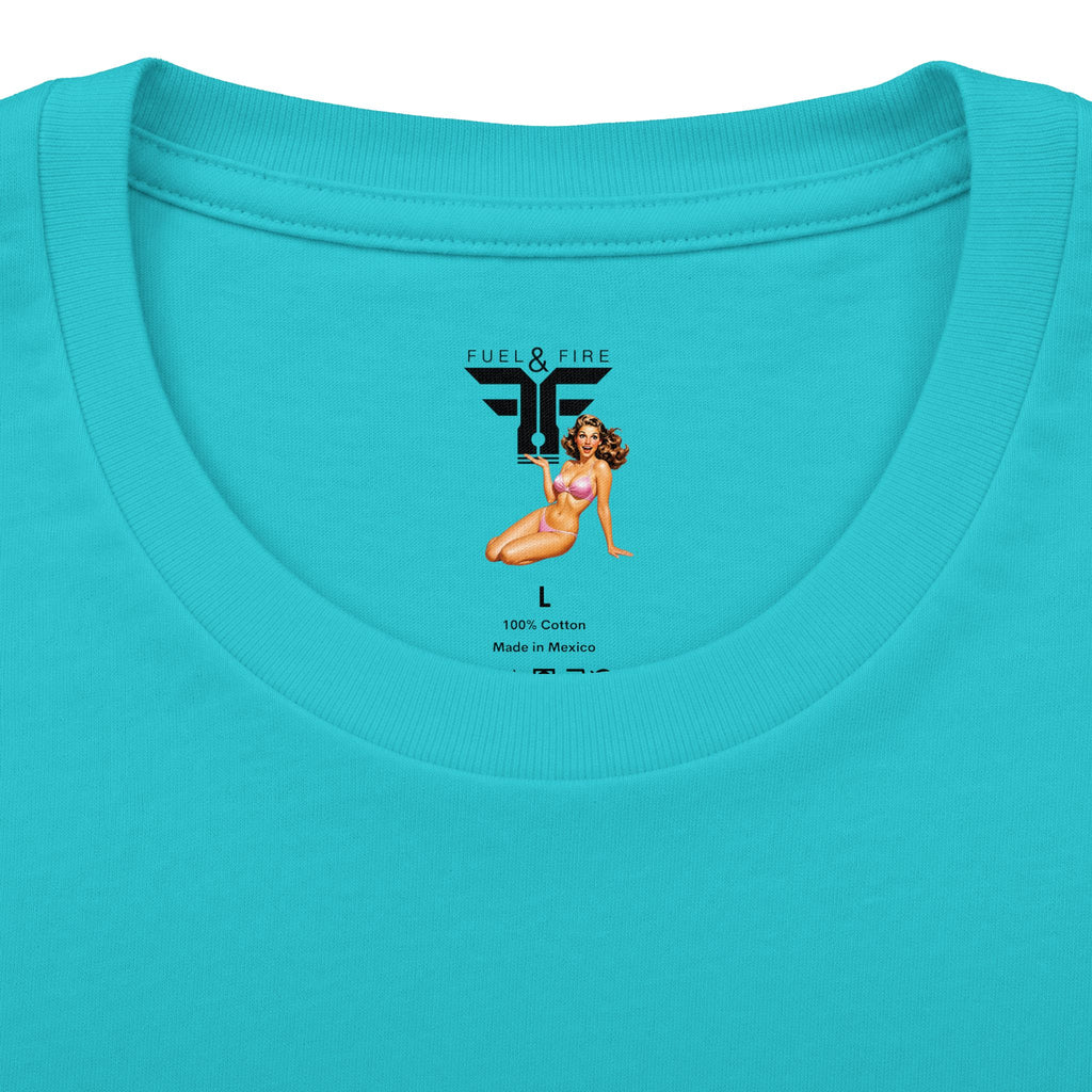 Fuel & Fire Retro Beach Tee — Vintage Car, Palm Trees & Pin-Up Graphic