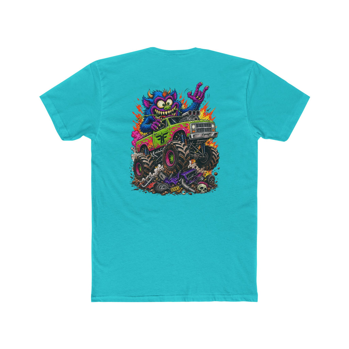 Monster Truck Mayhem T‑Shirt — Colorful Cartoon Creature Crushing Cars